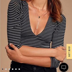 Lulu’s Class Cutie Black Striped V-Neck Bodysuit